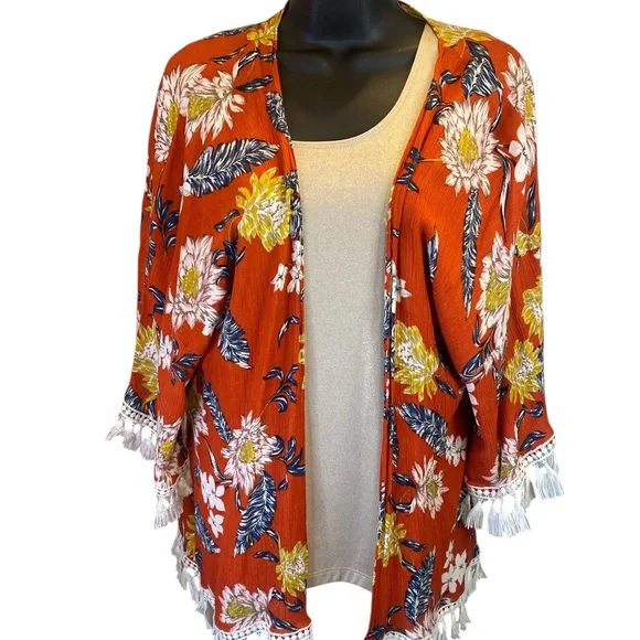 Umgee Rust Orange Floral Kimono Cardigan Small Tassel Fringe BohoFestival Style - Picture 7 of 7